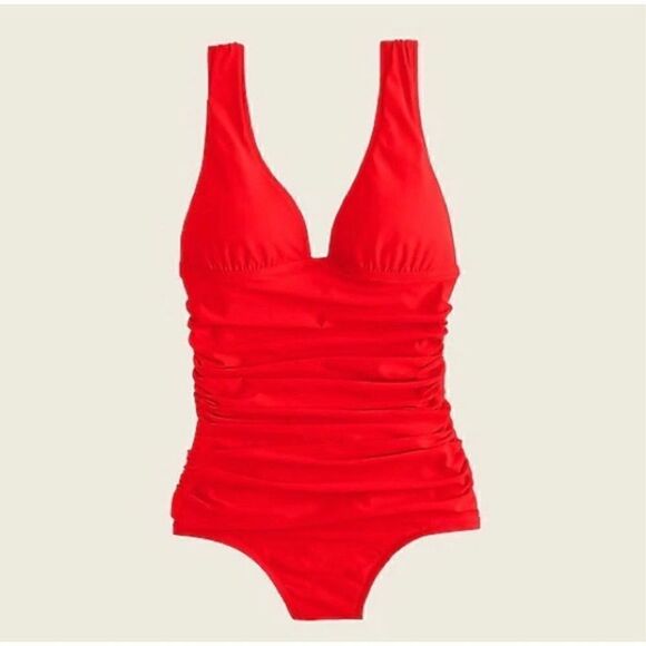 J crew ruched femme plus size 20 one piece red B6819 swimsuit plunging v neck - Picture 1 of 8
